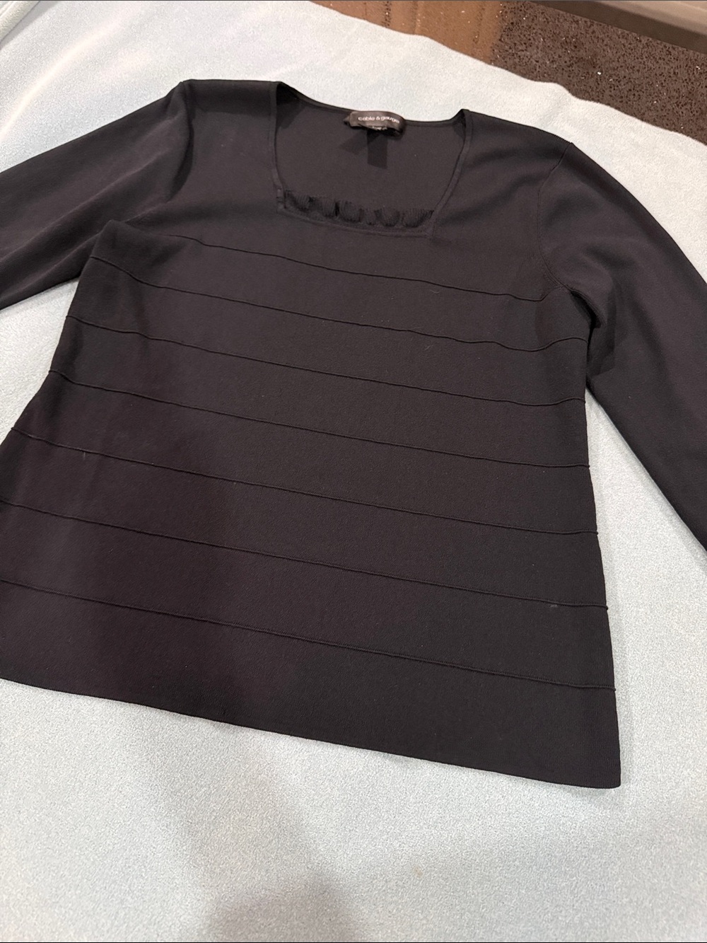 Cable & Gauge Black Long Sleeve Ribbed Panel Square Neck Top